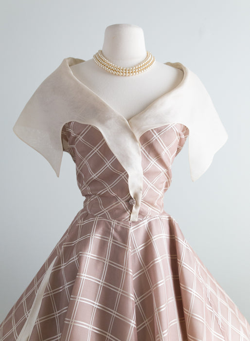 Vintage 1950's NEW LOOK Saks Fifth Avenue Silk Organza  Brown Cream Plaid Dress