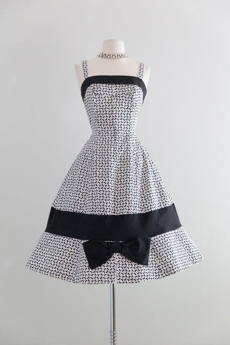 Vintage 1950's Black & White Cotton Party Dress By Ricci Michaels / Waist 26