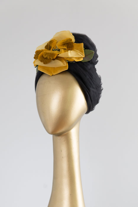 Glamorous 1950's Whipped Tulle Turban By Sonni With Yellow Rose