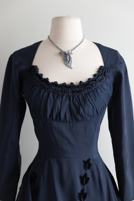 1940’s Salon de Couture Navy Blue Velvet Applique Gown / Waist 26