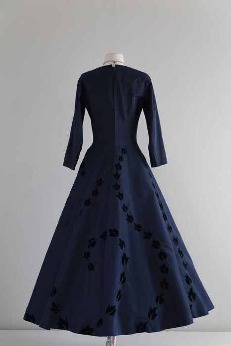1940’s Salon de Couture Navy Blue Velvet Applique Gown / Waist 26