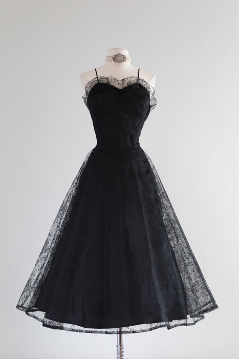 Fabulous 1950's Dotted Black Tulle Party Dress / Waist 26"