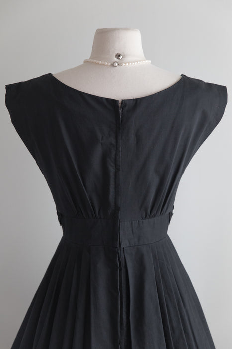 Vintage J. Harlan 1950's Little Black Cotton Dress With Pintucks and Lace Applique / Waist 26'