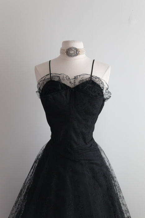 Fabulous 1950's Dotted Black Tulle Party Dress / Waist 26"