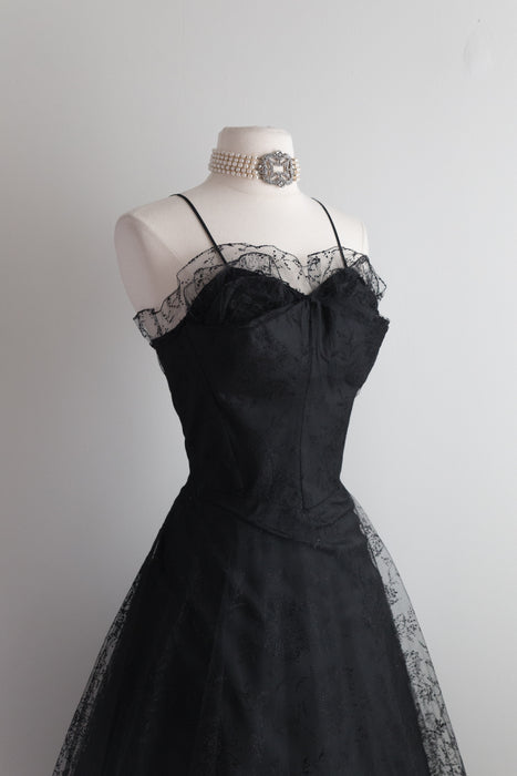 Fabulous 1950's Dotted Black Tulle Party Dress / Waist 26"