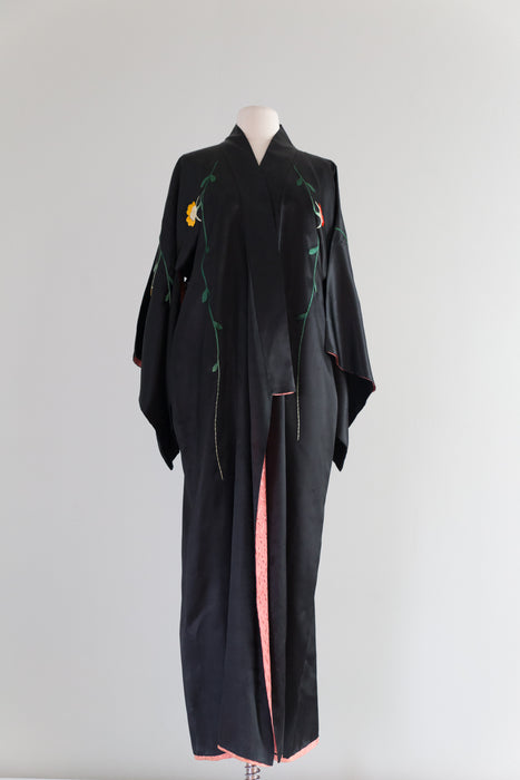 RARE 1930's Era Black Cantonese Embroidered Robe With Dramatic Peacock Motif / OS