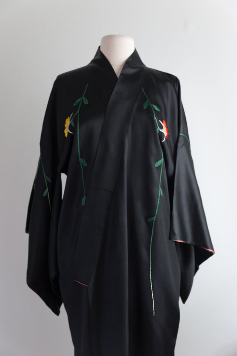 RARE 1930's Era Black Cantonese Embroidered Robe With Dramatic Peacock Motif / OS
