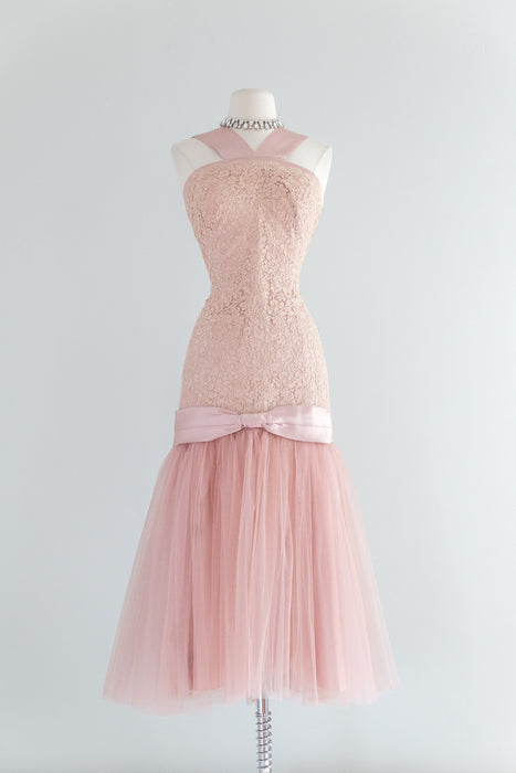 1950's Dusty Rose Glamour Cocktail Dress In Alencon Lace And Tulle / W Xtabay Vintage 1950's Dusty Rose Glamour Cocktail Dress In Alencon Lace And Tulle / W Xtabay Vintage