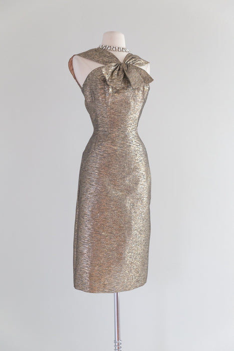 1950's Lilli Diamond Metallic Gold Wiggle Dress With Bow Neckline / Wa Xtabay Vintage 1950's Lilli Diamond Metallic Gold Wiggle Dress With Bow Neckline / Wa Xtabay Vintage