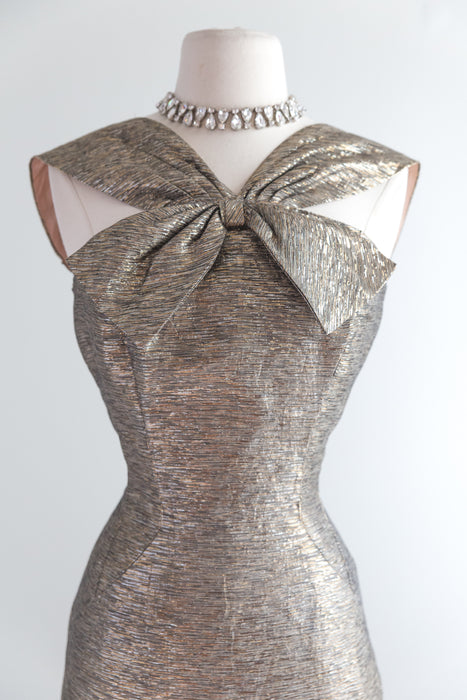 1950's Lilli Diamond Metallic Gold Wiggle Dress With Bow Neckline / Waist 26