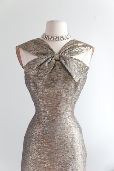 1950's Lilli Diamond Metallic Gold Wiggle Dress With Bow Neckline / Wa Xtabay Vintage 1950's Lilli Diamond Metallic Gold Wiggle Dress With Bow Neckline / Wa Xtabay Vintage