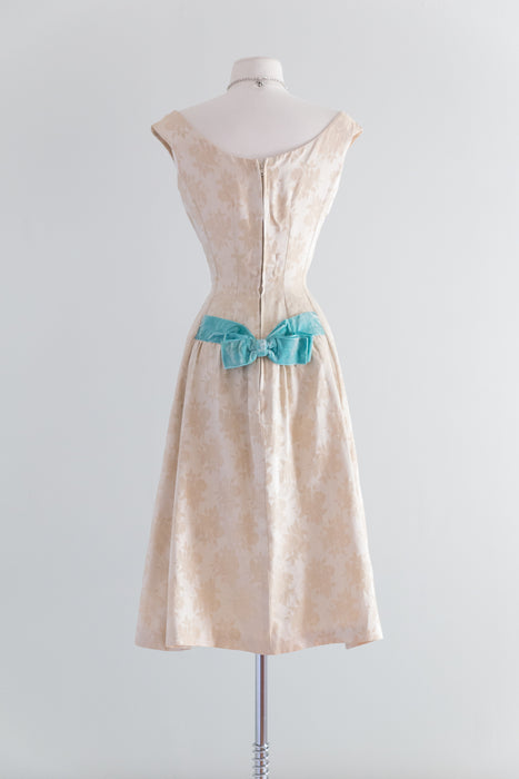 1950's Ivory Brocade Party Dress With Tiffany Blue Velvet Bows / Waist 26