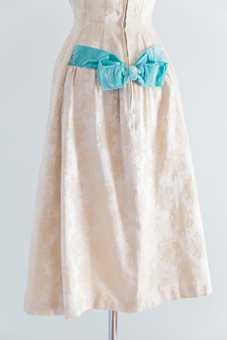 1950's Ivory Brocade Party Dress With Tiffany Blue Velvet Bows / Waist 26