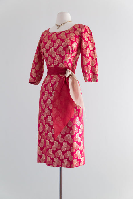 1950's Cerise Cocktail Dress With Metallic Gold Medallions by Paul Sachs / Waist 26