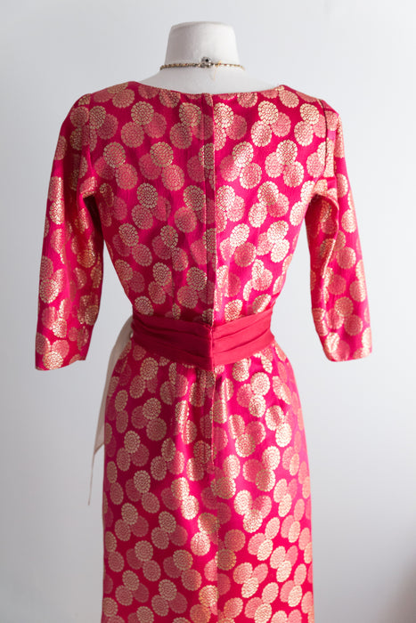 1950's Cerise Cocktail Dress With Metallic Gold Medallions by Paul Sachs / Waist 26