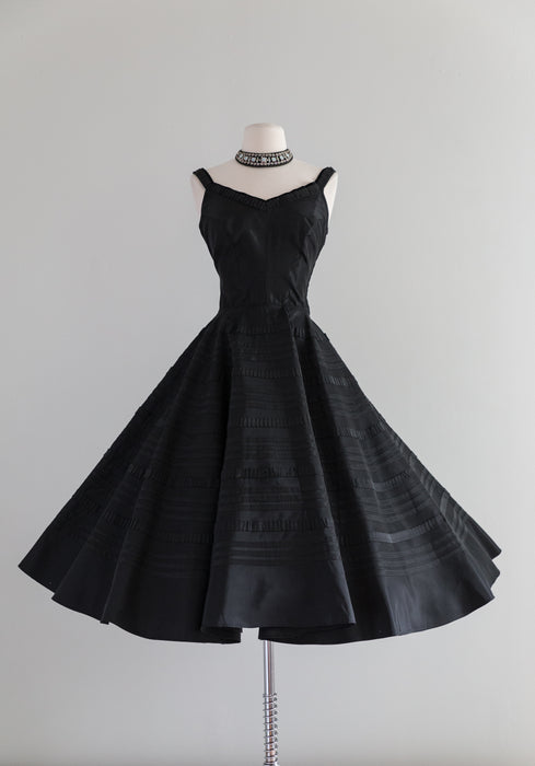 Spectacular 1950's Black Taffeta Party Dress With Ruffled Trim / Waist 26"