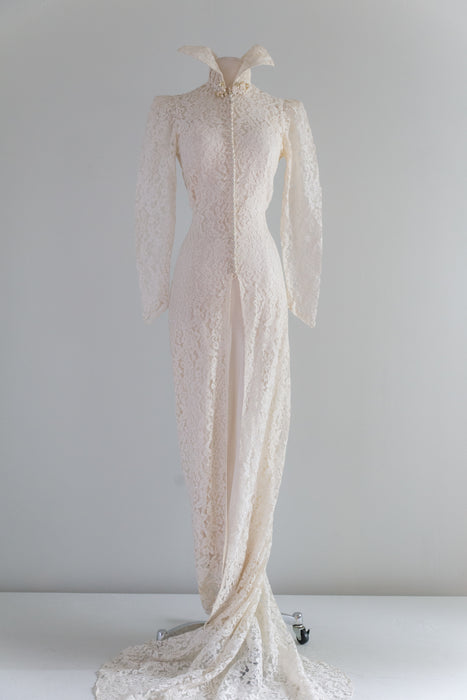 Exquisite 1930's Ivory Lace Wedding Gown With Wicked Collar and Button Xtabay Vintage Exquisite 1930's Ivory Lace Wedding Gown With Wicked Collar and Button Xtabay Vintage