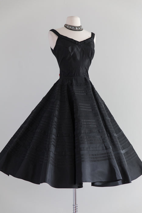 Spectacular 1950's Black Taffeta Party Dress With Ruffled Trim / Waist 26"