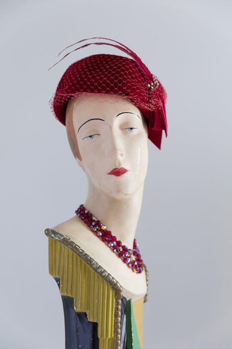 Vintage 1950's Claret Red Felt Hat With Dramatic Plume & Veiling / Medium