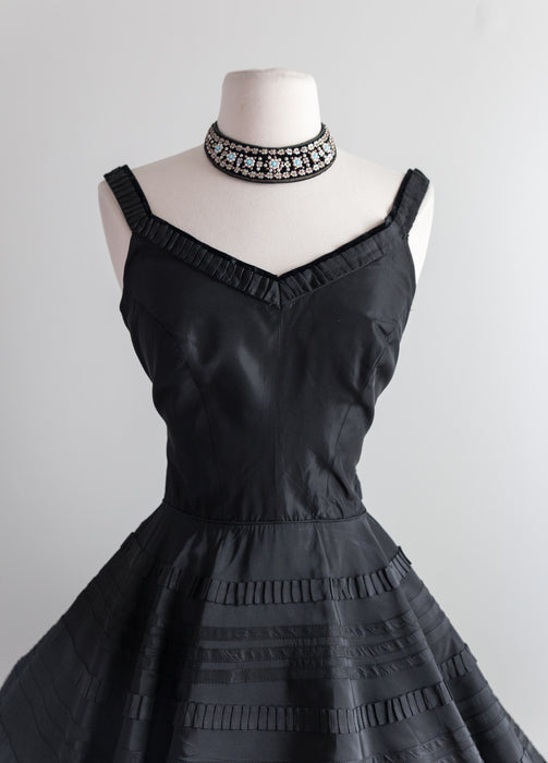 Spectacular 1950's Black Taffeta Party Dress With Ruffled Trim / Waist 26"