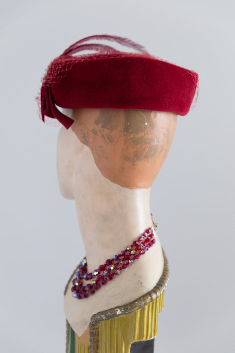 Vintage 1950's Claret Red Felt Hat With Dramatic Plume & Veiling / Medium