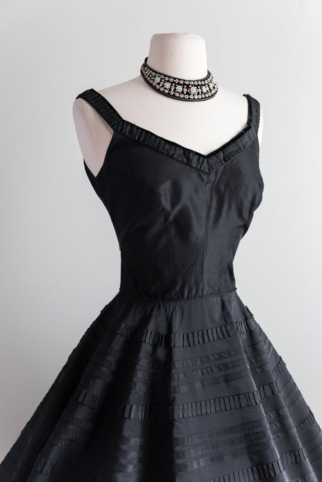Spectacular 1950's Black Taffeta Party Dress With Ruffled Trim / Waist 26"