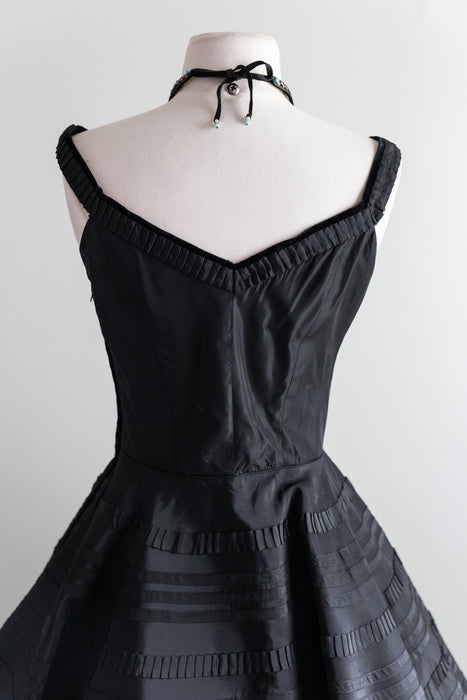 Spectacular 1950's Black Taffeta Party Dress With Ruffled Trim / Waist 26"