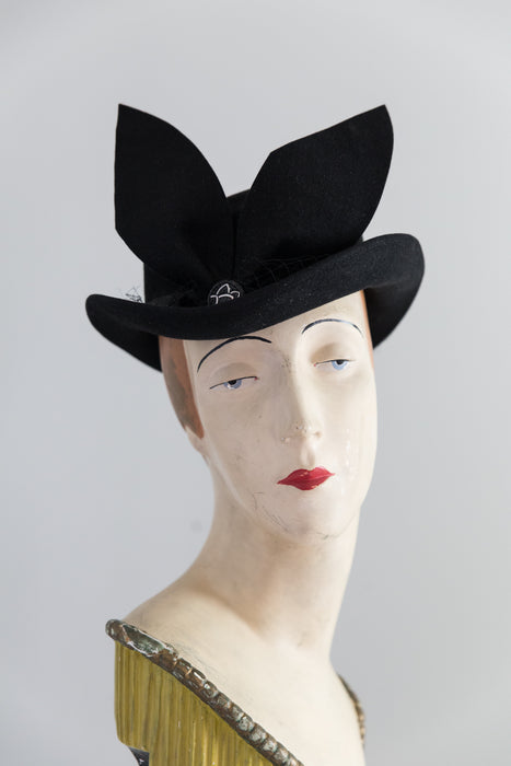 Whimsical 1940's Black Felt Hat With Bunny Ears by Gage / 22