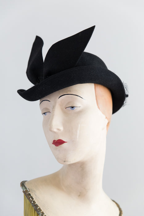 Whimsical 1940's Black Felt Hat With Bunny Ears by Gage / 22
