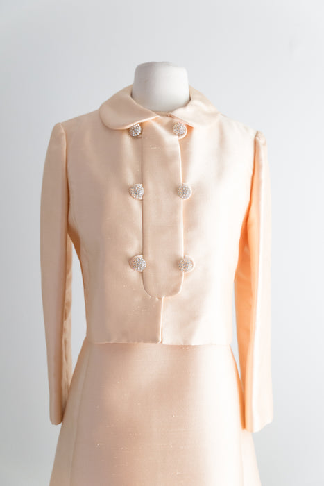 Stunning 1960's Peach Sorbet Silk Dress With Matching Jacket From Bonwit Teller  / Waist 30