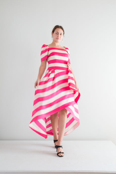 Iconic 1980's Pink & White Striped Silk Evening Gown By Scaasi / Waist 28