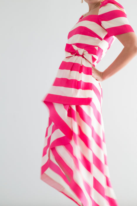 Iconic 1980's Pink & White Striped Silk Evening Gown By Scaasi / Waist 28