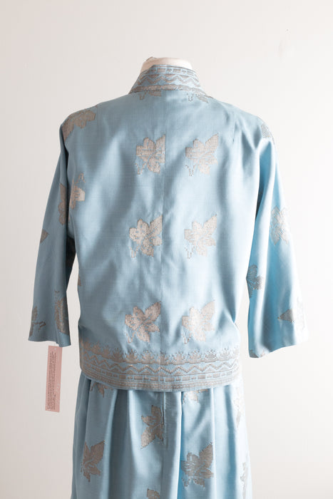 Vintage 1960's Ice Blue Metallic Leaves Cocktail Dress With Matching Jacket / Waist 27