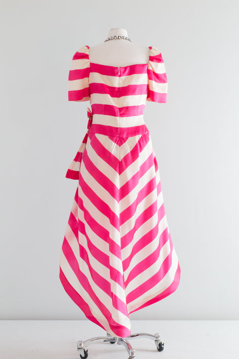 Iconic 1980's Pink & White Striped Silk Evening Gown By Scaasi / Waist 28