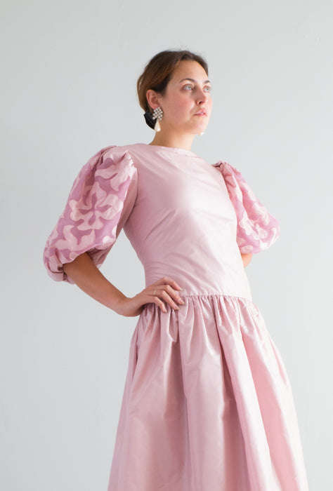 Vintage 1980's Rose Mauve Silk Dress With Balloon Sleeves By Tal Saunders / Waist 30