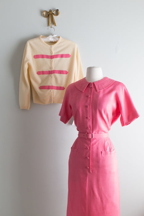 1950's Hot Pink Silk Wiggle Dress and Matching Cashmere Cardigan By David M. Goodstein / Waist 28