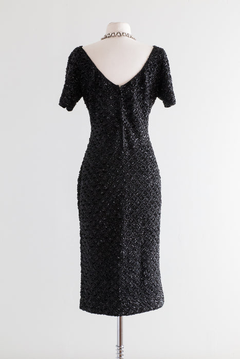 Stunning Late 1950's Gene Shelly Style Beaded Black Knit Dress / Medium