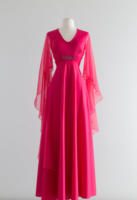 Fabulous 1970's Raspberry Evening Gown With Chiffon Wings / SM