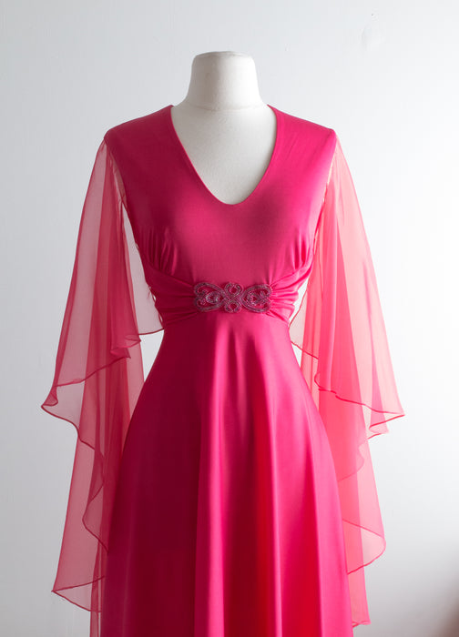 Fabulous 1970's Raspberry Evening Gown With Chiffon Wings / SM