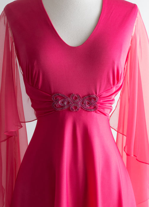 Fabulous 1970's Raspberry Evening Gown With Chiffon Wings / SM