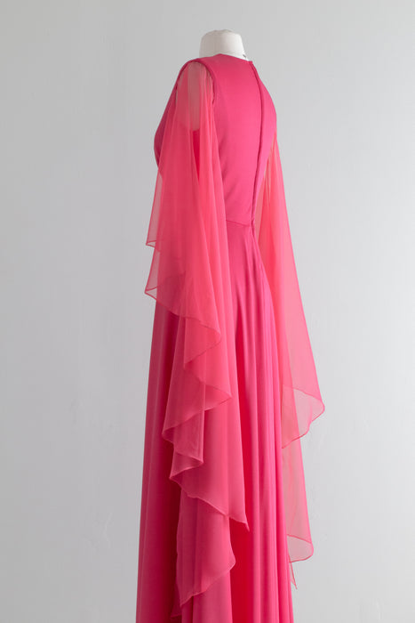 Fabulous 1970's Raspberry Evening Gown With Chiffon Wings / SM