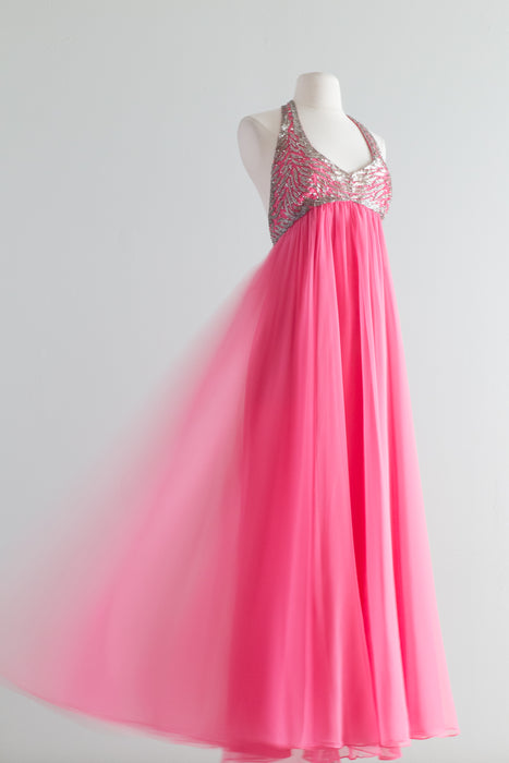 Vintage 1960's Shocking Pink Beaded Chiffon Halter Gown / SM