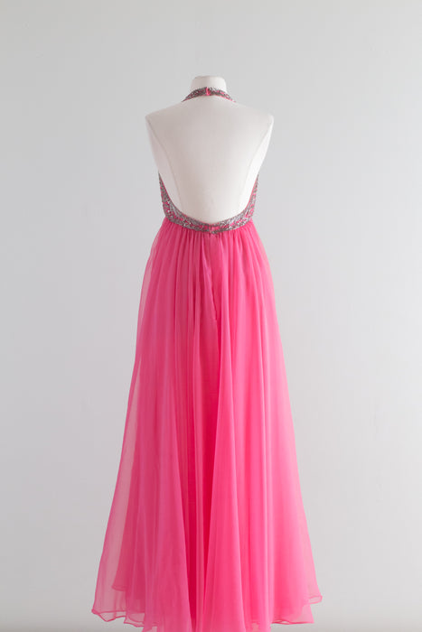 Vintage 1960's Shocking Pink Beaded Chiffon Halter Gown / SM