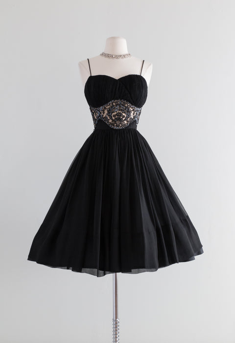 1950's Black Silk Chiffon Party Dress With Illusion Lace & Full Skirt / Waist 26