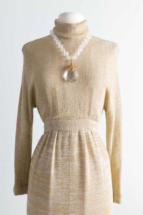 1970's Vintage Silver & Gold Lurex Knit Maxi Dress / Medium