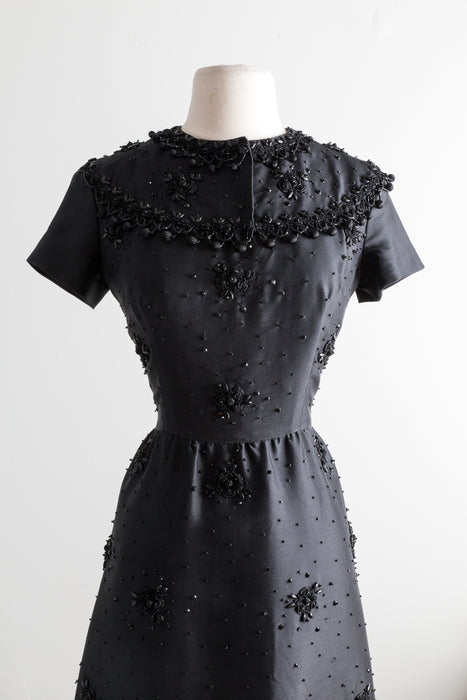 Exquisite 1960's Black Silk Couture Beaded Cocktail Dress / Waist 26