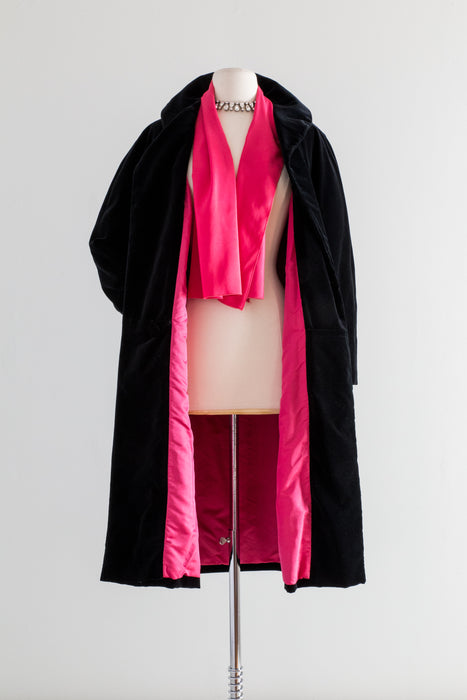 Fabulous 1950's Shocking Pink & Black Velvet Cocoon Coat By Anne Fogarty / SM