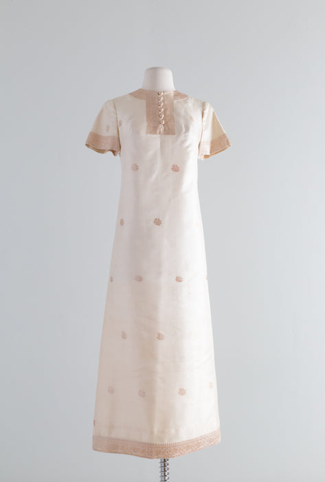 Elegant 1960's Ivory & Rose Gold Silk Sari Gown & Matching Coat / Small