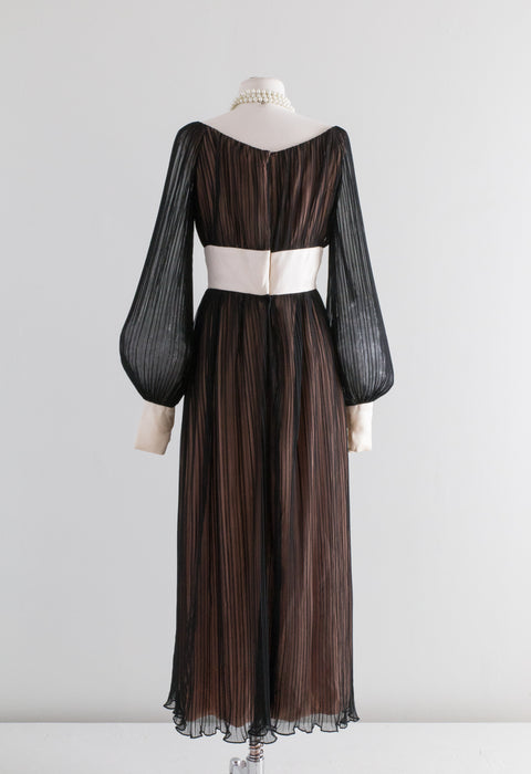 Vintage 1970s Black Sheer Chiffon Pleated Evening Dress With Bishop Sleeves / SM