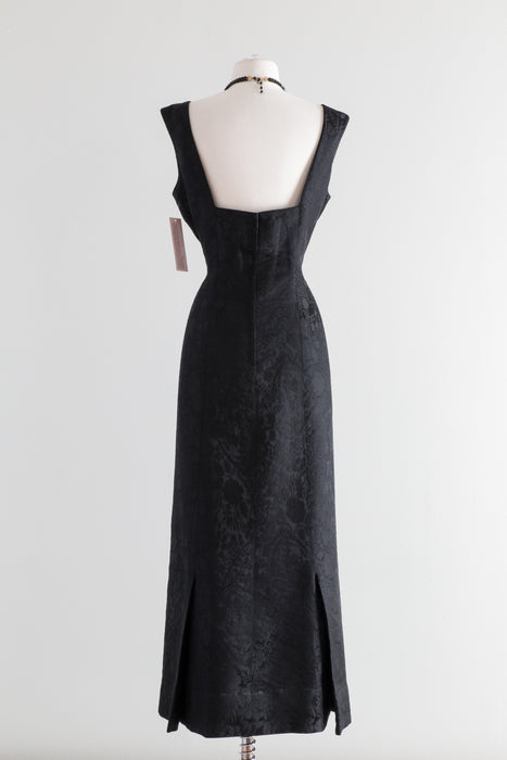 Elegant 1960's Black Silk Jacquard Evening Gown With Square Back / Waist 31